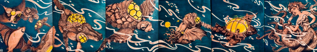 Une parade réunis des créatures se dirigeant vers leur reine : une sirène pieuvre à la chevelure généreuse. Ces créatures vaisseaux représentent une raie manta, un nautile, un tortue de mer, une baleine à bosses etc...