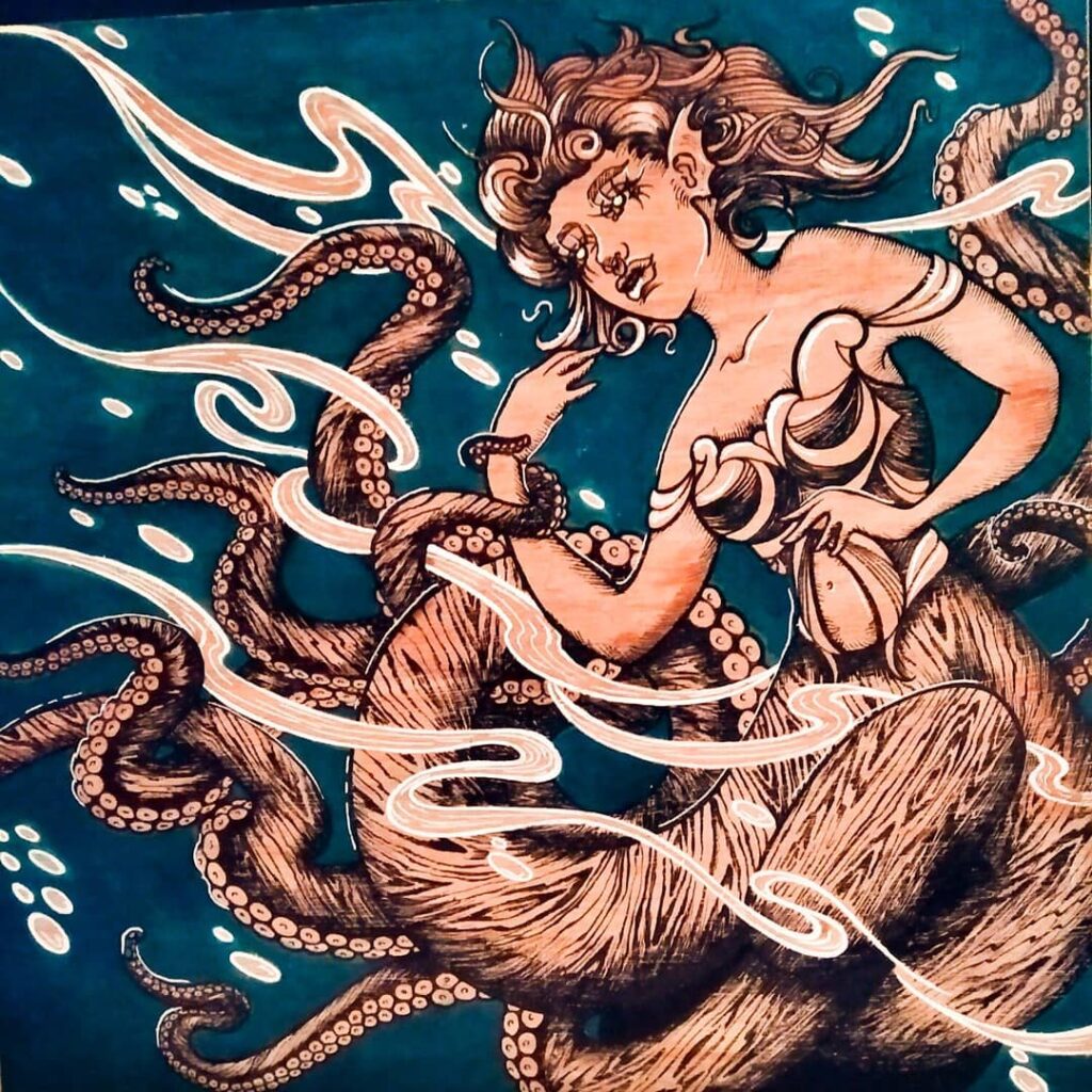 Une sirène pieuvre porte une armure délicate et invite se disciples